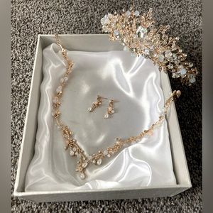 Rose gold, jeweled, bridal tiara, matching necklace and earrings. Elegant piece